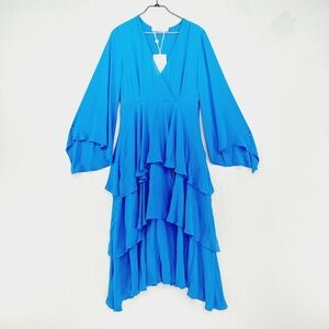 NEW Jucca Blue Layered Ruffle V-Neck Long Sleeve Midi Dress 1370